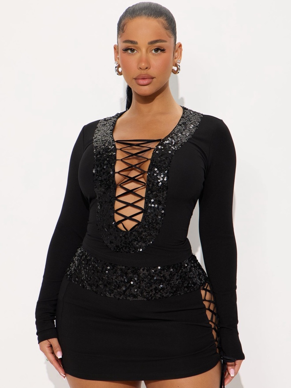 Sequin Lace-Up Black Long Sleeve Skirt Set(Two pieces)